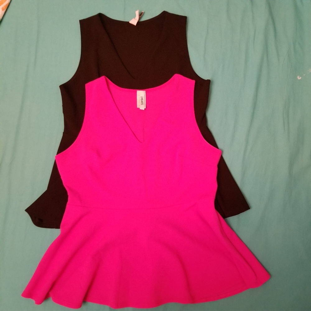 2 Peplum Sleeveless Tops - SZ Lrg - bright pink + black